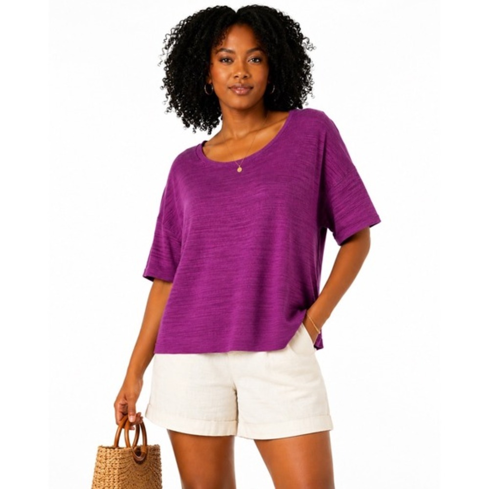 Loft Purple Slub Knit Short Sleeve Sweater Scoop Neck High Low Hem S Chic 49-53